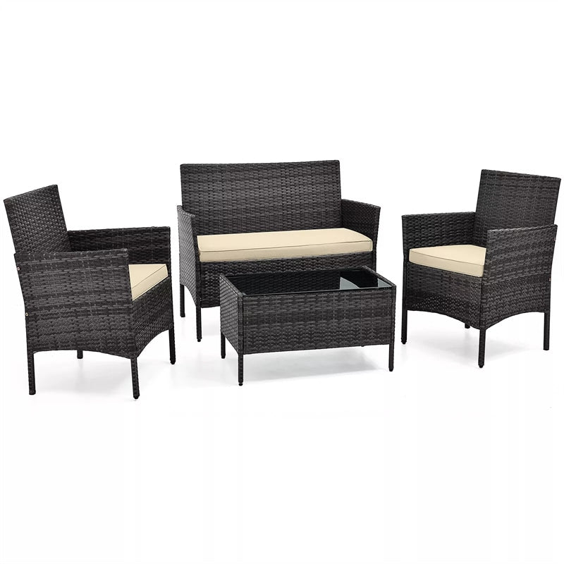 4PCS Patio Rattan Conversation Set Outdoor Garden Wicker Furniture Set with Loveseat Chair, Tempered Glass Coffee Table & Cushions
