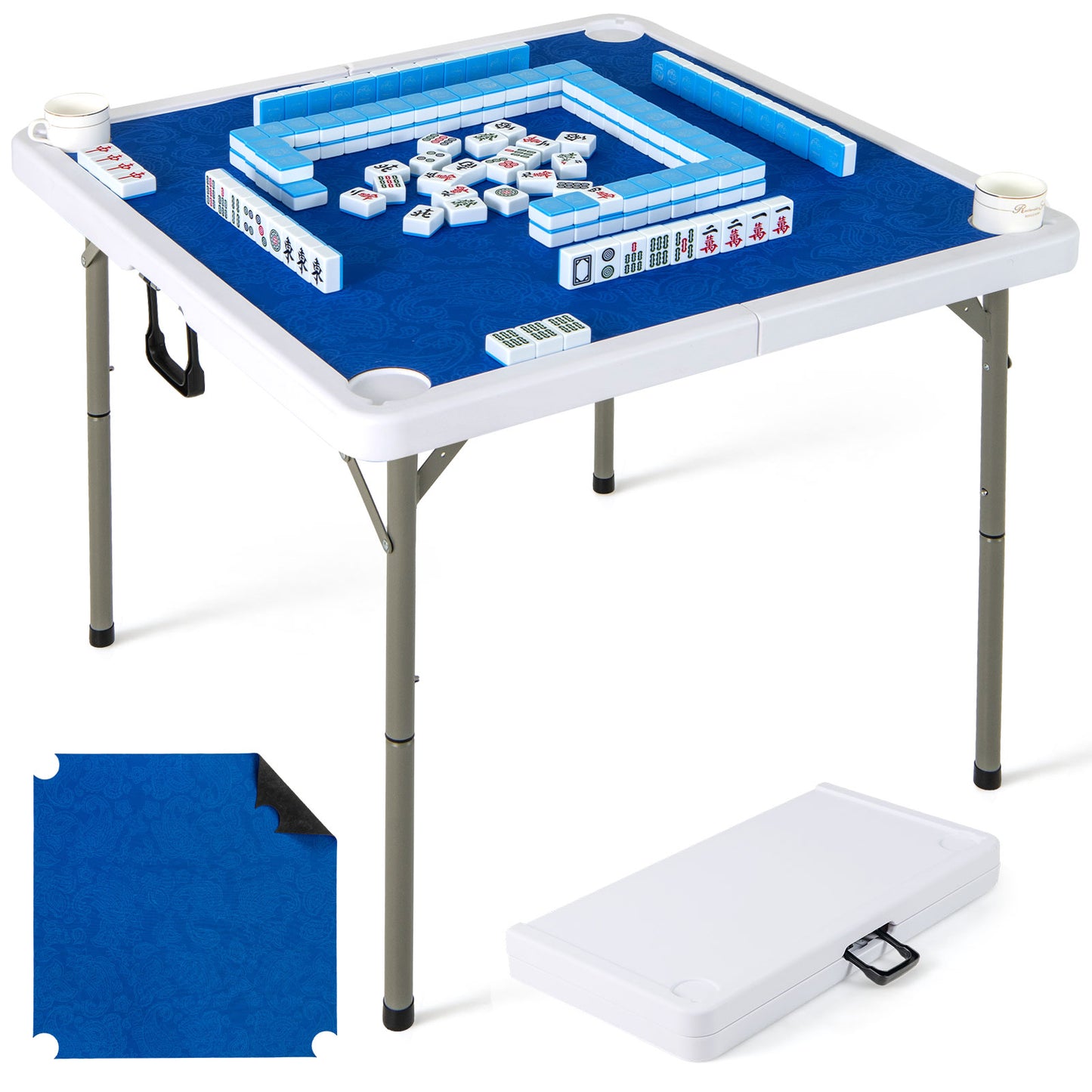 90cm Folding Mahjong Table Portable with Felt Mat and Cup Holders-Navy