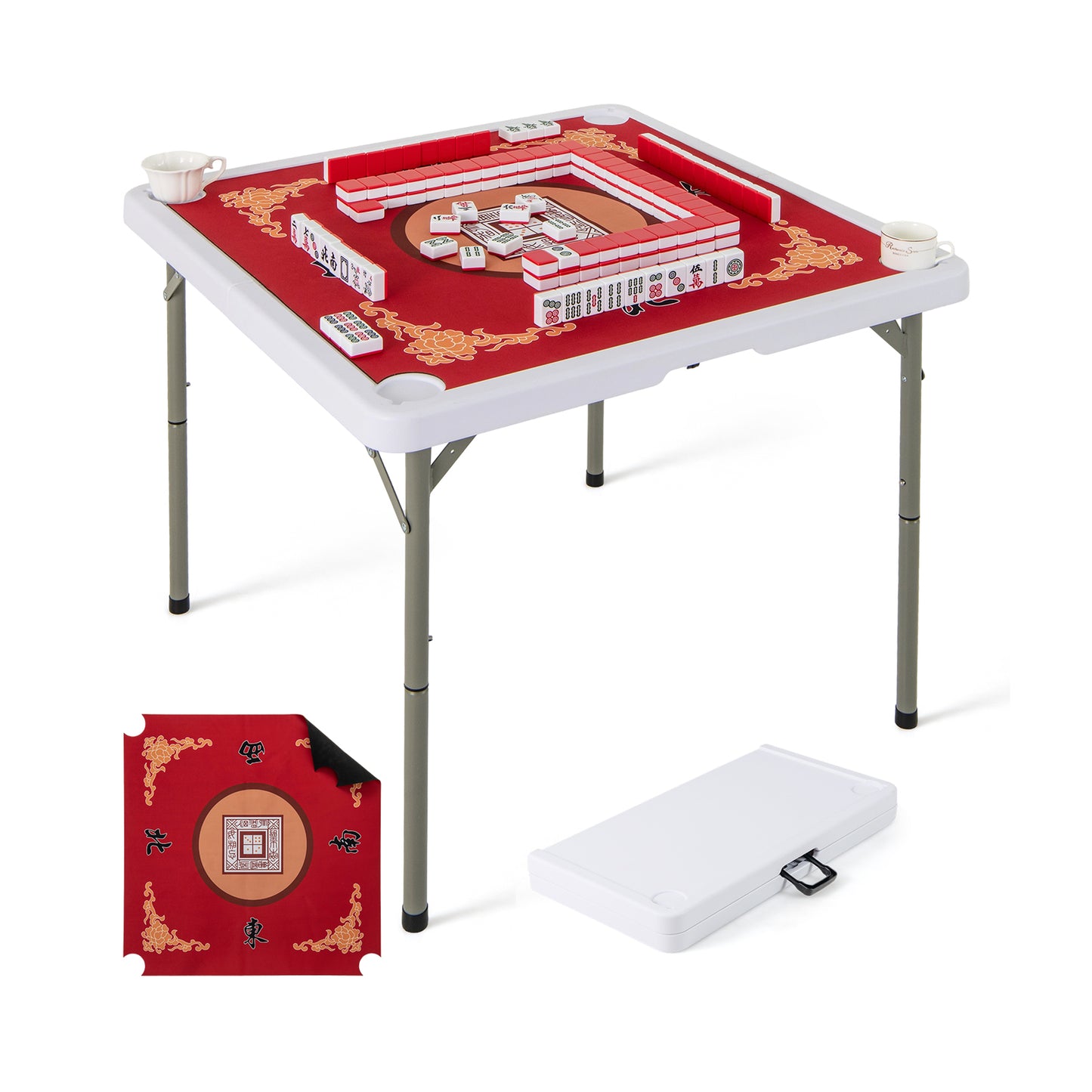 90cm Folding Mahjong Table Portable with Felt Mat-Red