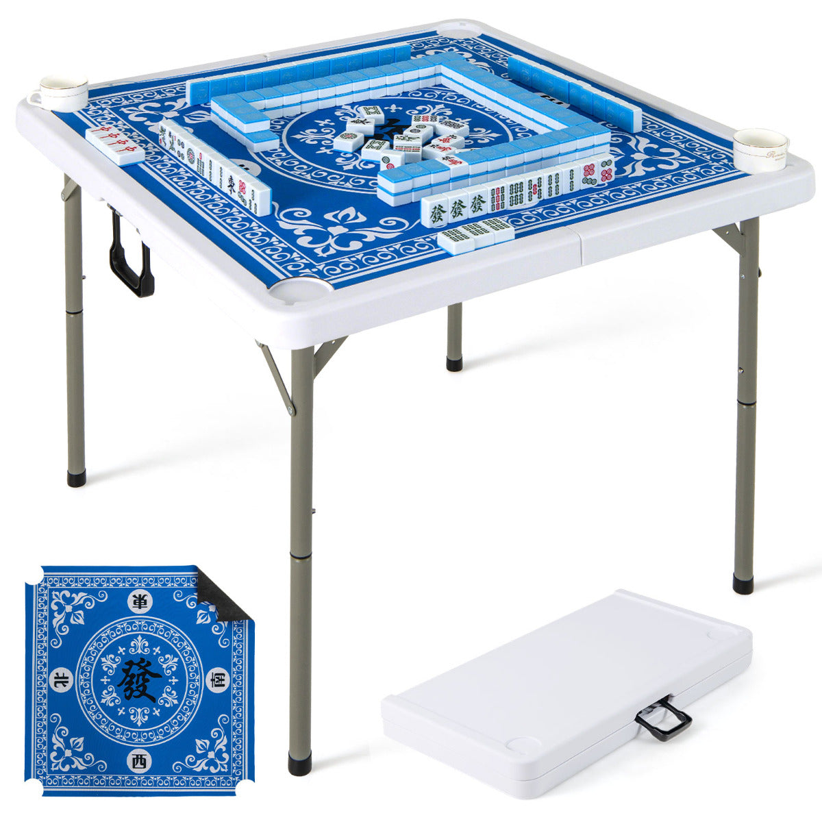 90cm Folding Mahjong Table Portable with Felt Mat and Cup Holders-Blue