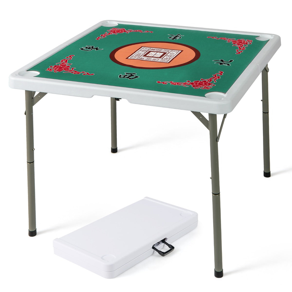 90cm Folding Mahjong Table Portable with Felt Mat and Cup Holders-Multicolor