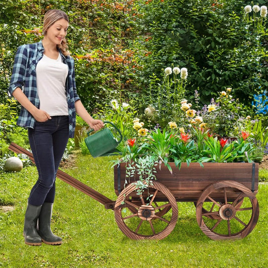 Wooden Wagon Planter with 4 Wheels & Adjustable Handle, Rustic Flower Cart for Patio Garden Decor
