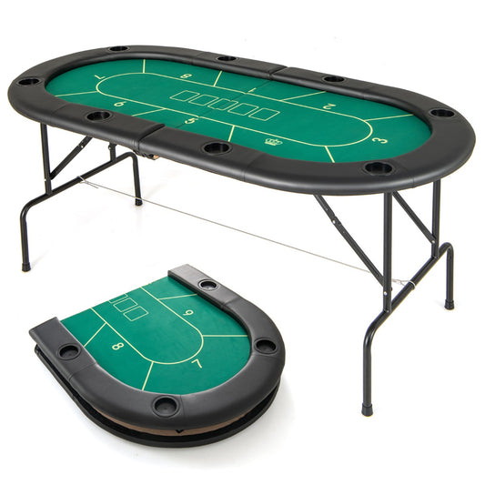 8 Player Foldable Poker Table, 72" Oval Texas Hold'em Card Game Table with Casino-Grade Felt & 8 Cup Holders for Home Casino Blackjack