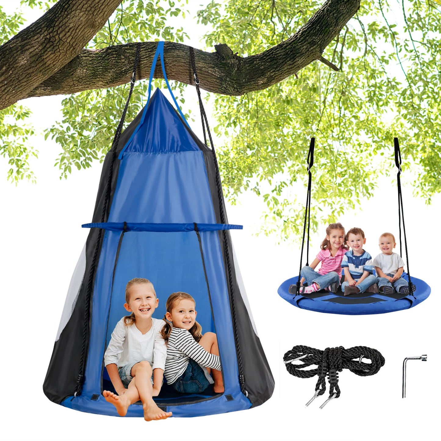 100cm Kids Detachable Hanging Tree Swing Tent, 2 in 1 Design Flying Swing & Nest swing Chair for Having Fun, Green