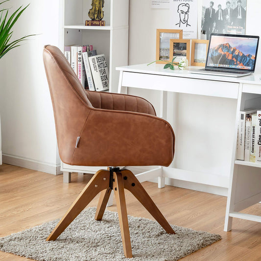 360¡ã Swivel Accent Chair, Upholstered Armchair w/High-Density Sponge, Solid Wood Legs, PU Leather, Brown