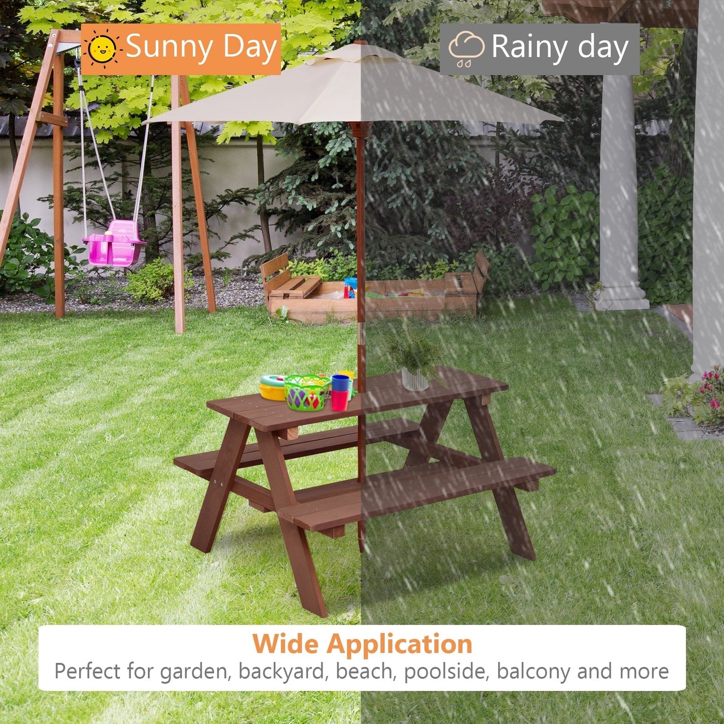 Kids Picnic Table, Outdoor Wooden Children Table & Bench Set with Removable Umbrella, Kids Patio Furniture Activity Table & Chair for Garden Backyard