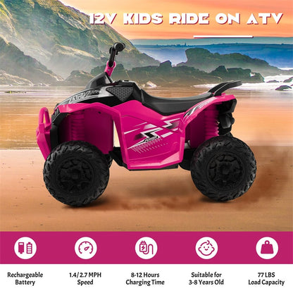 12V Kids Ride-On ATV, Battery Powered Electric 4-Wheeler Quad Car with Adjustable Speed, Lights & Treaded Tires for Boys & Girls
