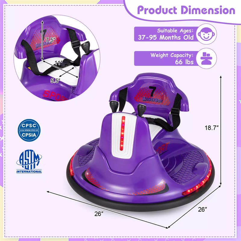 12V Bumper Car for Toddlers, Kids Electric Ride On Bumper Car with Remote Control, 360 Degree Spin, Dual Joystick & Flashing LED Lights