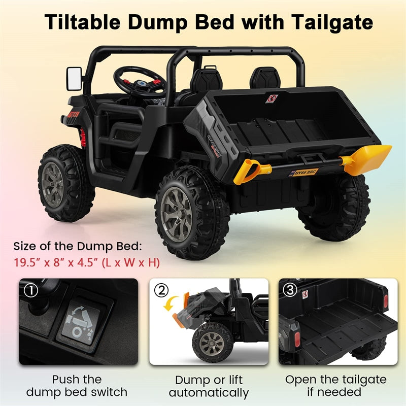 2-Seater Ride On Kids Car, 12V Off-Road UTV Electric Dump Truck with Remote, Dump Bed, Shovel & Rocking Function, Toddler Battery Ride On Toy