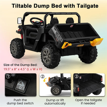 2-Seater Ride On Kids Car, 12V Off-Road UTV Electric Dump Truck with Remote, Dump Bed, Shovel & Rocking Function, Toddler Battery Ride On Toy