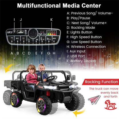 2-Seater Ride On Kids Car, 12V Off-Road UTV Electric Dump Truck with Remote, Dump Bed, Shovel & Rocking Function, Toddler Battery Ride On Toy