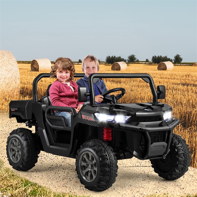 2-Seater Ride On Kids Car, 12V Off-Road UTV Electric Dump Truck with Remote, Dump Bed, Shovel & Rocking Function, Toddler Battery Ride On Toy