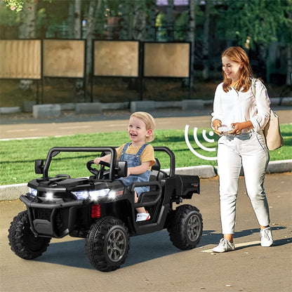 2-Seater Ride On Kids Car, 12V Off-Road UTV Electric Dump Truck with Remote, Dump Bed, Shovel & Rocking Function, Toddler Battery Ride On Toy