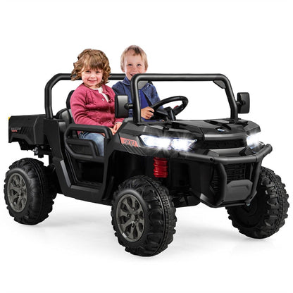 2-Seater Ride On Kids Car, 12V Off-Road UTV Electric Dump Truck with Remote, Dump Bed, Shovel & Rocking Function, Toddler Battery Ride On Toy