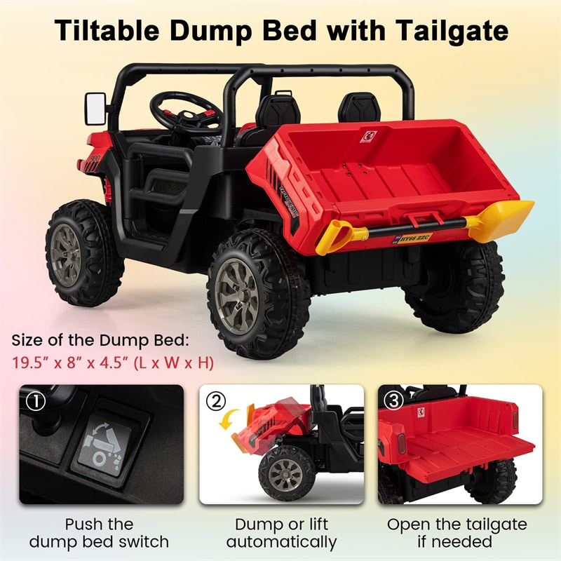 2-Seater Ride On Kids Car, 12V Off-Road UTV Electric Dump Truck with Remote, Dump Bed, Shovel & Rocking Function, Toddler Battery Ride On Toy