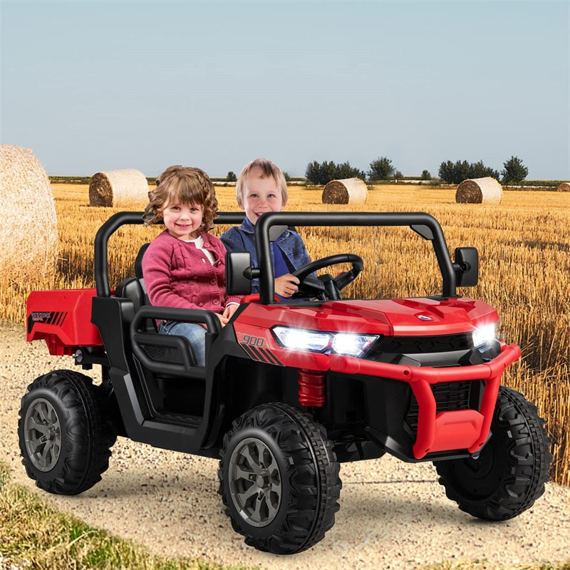 2-Seater Ride On Kids Car, 12V Off-Road UTV Electric Dump Truck with Remote, Dump Bed, Shovel & Rocking Function, Toddler Battery Ride On Toy
