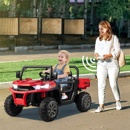 2-Seater Ride On Kids Car, 12V Off-Road UTV Electric Dump Truck with Remote, Dump Bed, Shovel & Rocking Function, Toddler Battery Ride On Toy
