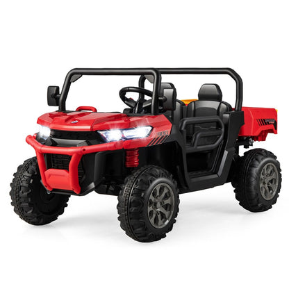 2-Seater Ride On Kids Car, 12V Off-Road UTV Electric Dump Truck with Remote, Dump Bed, Shovel & Rocking Function, Toddler Battery Ride On Toy