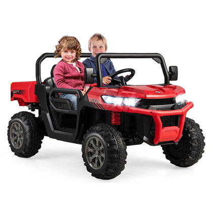2-Seater Ride On Kids Car, 12V Off-Road UTV Electric Dump Truck with Remote, Dump Bed, Shovel & Rocking Function, Toddler Battery Ride On Toy
