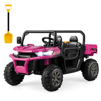 2-Seater Ride On Kids Car, 12V Off-Road UTV Electric Dump Truck with Remote, Dump Bed, Shovel & Rocking Function, Toddler Battery Ride On Toy