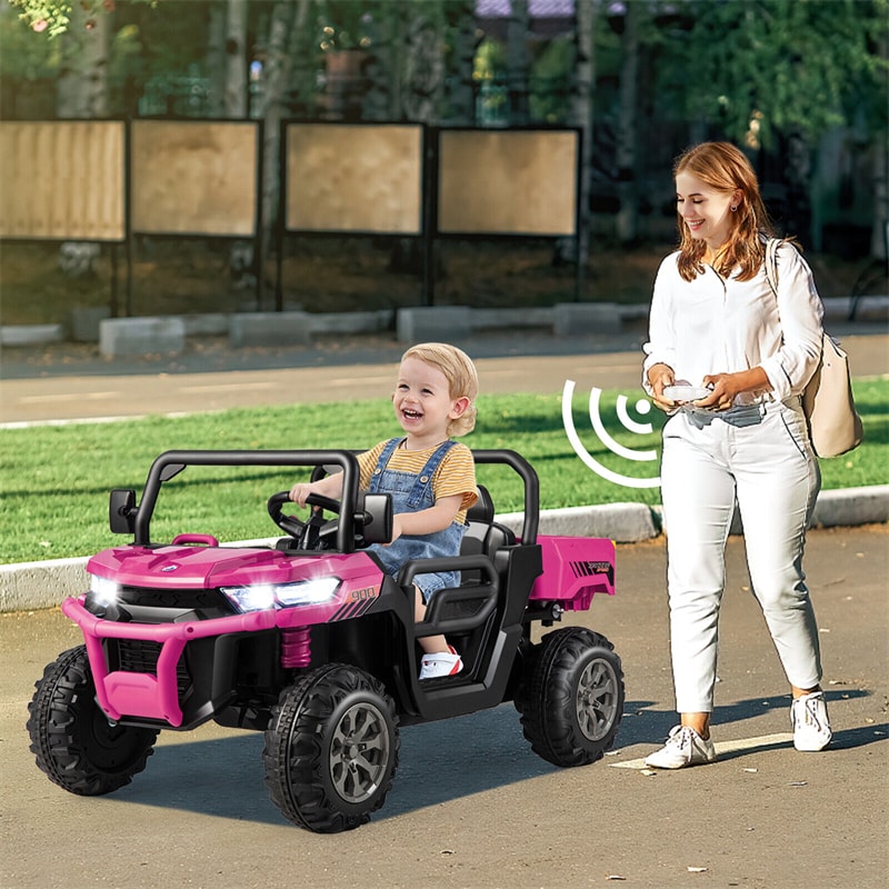 2-Seater Ride On Kids Car, 12V Off-Road UTV Electric Dump Truck with Remote, Dump Bed, Shovel & Rocking Function, Toddler Battery Ride On Toy