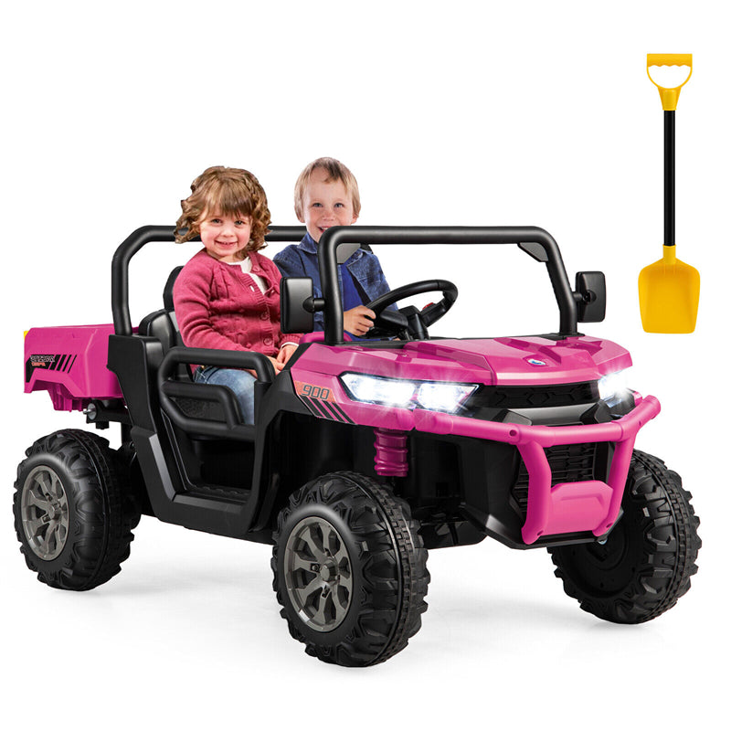 2-Seater Ride On Kids Car, 12V Off-Road UTV Electric Dump Truck with Remote, Dump Bed, Shovel & Rocking Function, Toddler Battery Ride On Toy