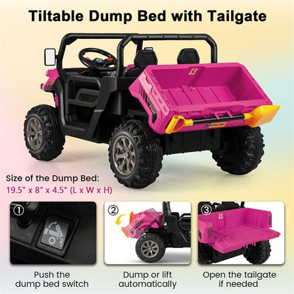 2-Seater Ride On Kids Car, 12V Off-Road UTV Electric Dump Truck with Remote, Dump Bed, Shovel & Rocking Function, Toddler Battery Ride On Toy