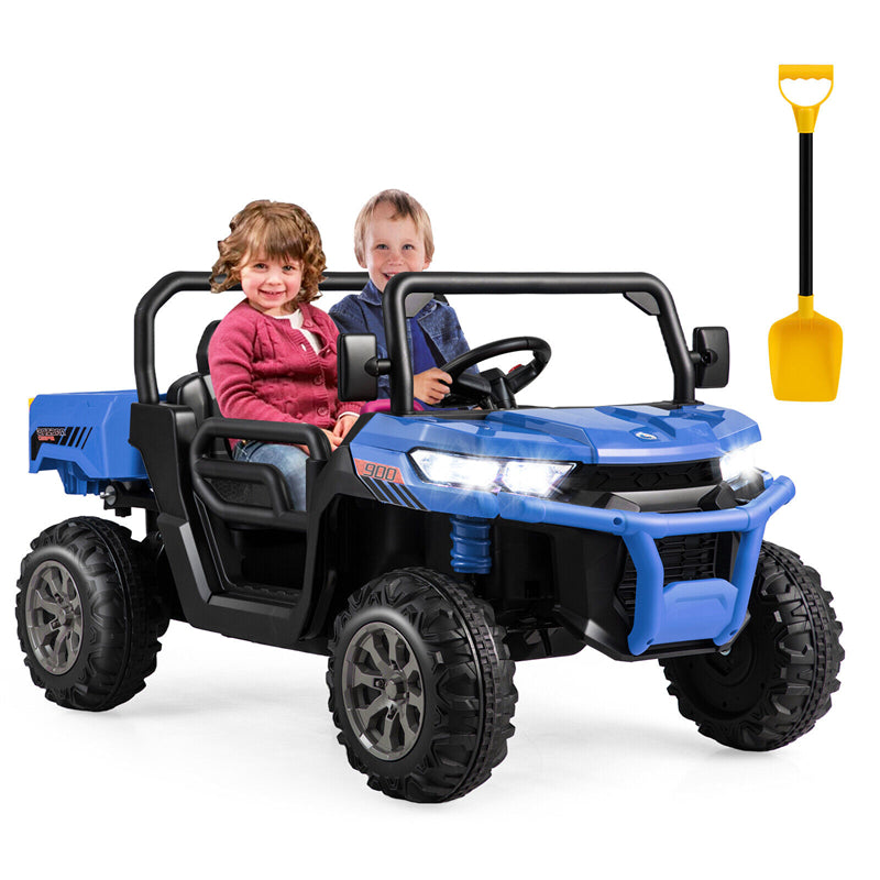 2-Seater Ride On Kids Car, 12V Off-Road UTV Electric Dump Truck with Remote, Dump Bed, Shovel & Rocking Function, Toddler Battery Ride On Toy