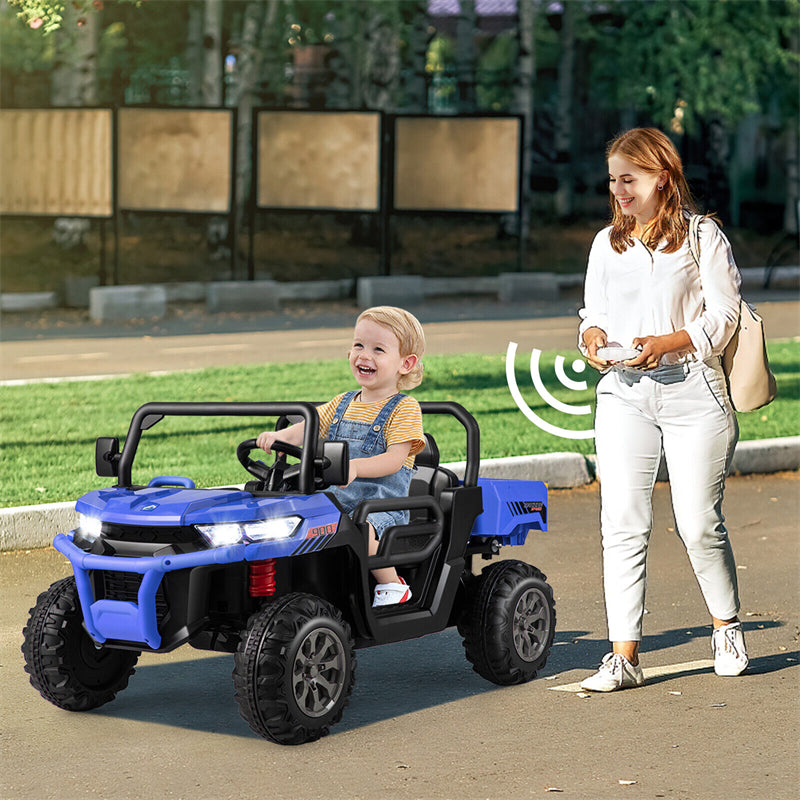 2-Seater Ride On Kids Car, 12V Off-Road UTV Electric Dump Truck with Remote, Dump Bed, Shovel & Rocking Function, Toddler Battery Ride On Toy