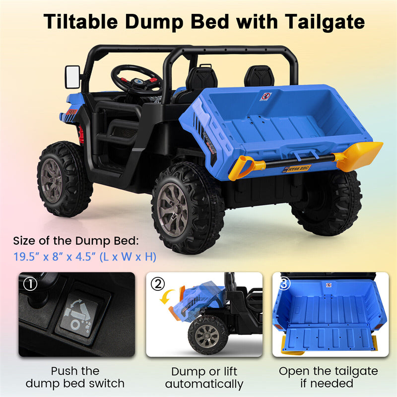 2-Seater Ride On Kids Car, 12V Off-Road UTV Electric Dump Truck with Remote, Dump Bed, Shovel & Rocking Function, Toddler Battery Ride On Toy
