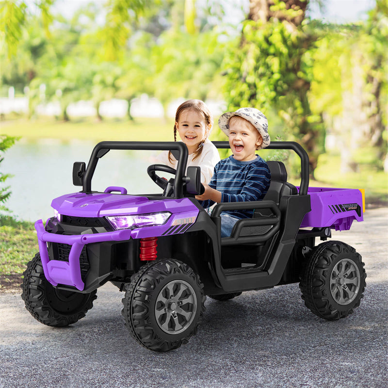 2-Seater Ride On Kids Car, 12V Off-Road UTV Electric Dump Truck with Remote, Dump Bed, Shovel & Rocking Function, Toddler Battery Ride On Toy
