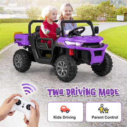 2-Seater Ride On Kids Car, 12V Off-Road UTV Electric Dump Truck with Remote, Dump Bed, Shovel & Rocking Function, Toddler Battery Ride On Toy