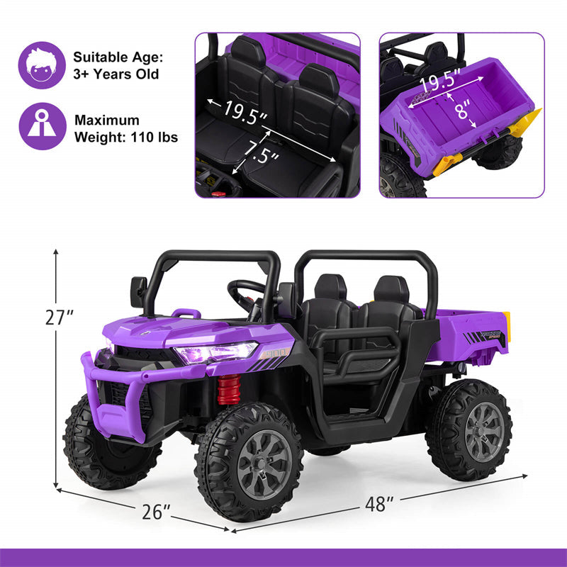 2-Seater Ride On Kids Car, 12V Off-Road UTV Electric Dump Truck with Remote, Dump Bed, Shovel & Rocking Function, Toddler Battery Ride On Toy