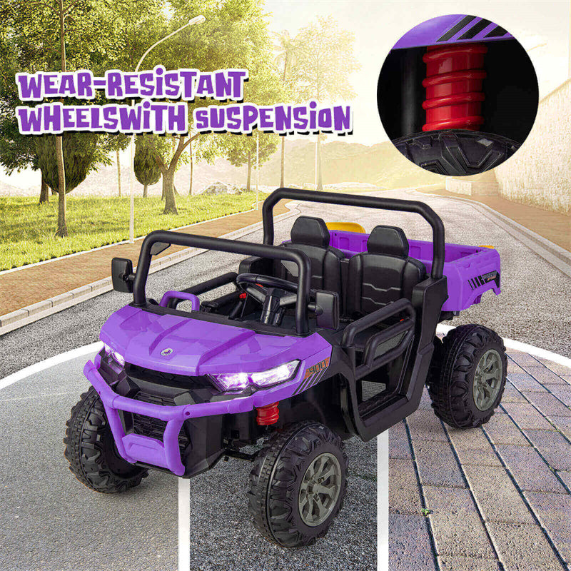 2-Seater Ride On Kids Car, 12V Off-Road UTV Electric Dump Truck with Remote, Dump Bed, Shovel & Rocking Function, Toddler Battery Ride On Toy