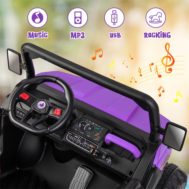 2-Seater Ride On Kids Car, 12V Off-Road UTV Electric Dump Truck with Remote, Dump Bed, Shovel & Rocking Function, Toddler Battery Ride On Toy