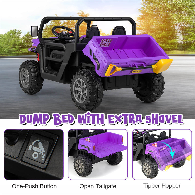 2-Seater Ride On Kids Car, 12V Off-Road UTV Electric Dump Truck with Remote, Dump Bed, Shovel & Rocking Function, Toddler Battery Ride On Toy