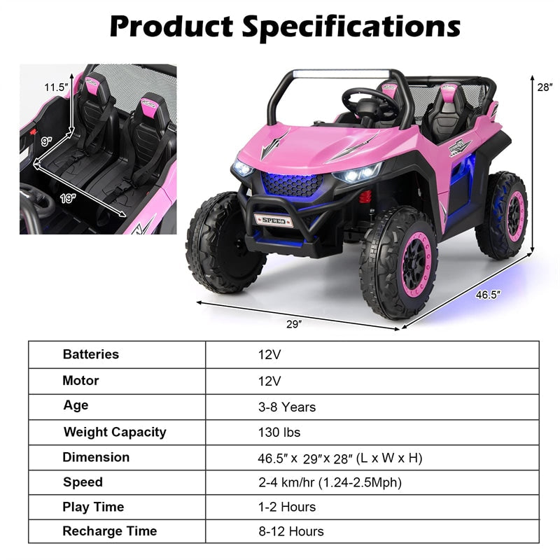 12V 2-Seater Ride On UTV, Kids Electric Vehicle with Remote Control, LED Lights, Music & Storage, Battery Powered Off-Road Car for 3-8 Years