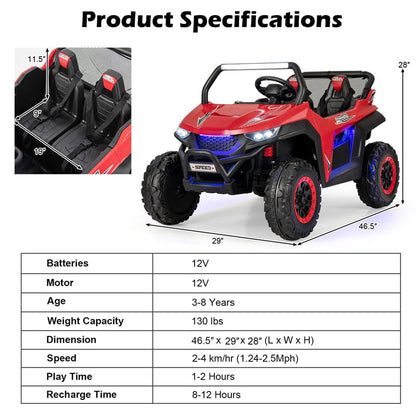 12V 2-Seater Ride On UTV, Kids Electric Vehicle with Remote Control, LED Lights, Music & Storage, Battery Powered Off-Road Car for 3-8 Years