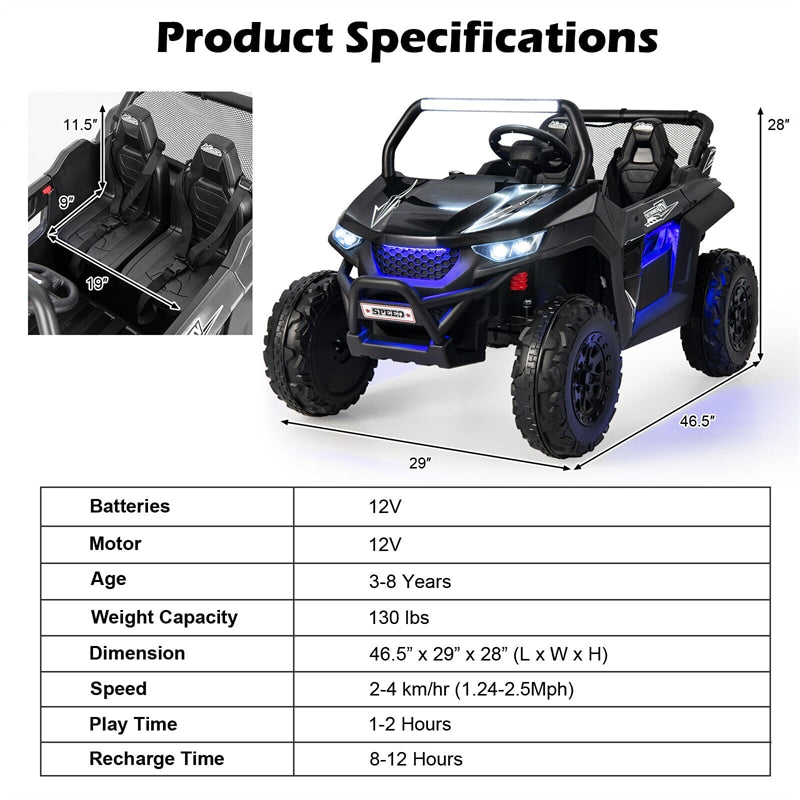 12V 2-Seater Ride On UTV, Kids Electric Vehicle with Remote Control, LED Lights, Music & Storage, Battery Powered Off-Road Car for 3-8 Years
