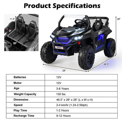12V 2-Seater Ride On UTV, Kids Electric Vehicle with Remote Control, LED Lights, Music & Storage, Battery Powered Off-Road Car for 3-8 Years