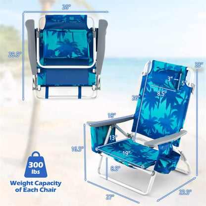 2 Pack Backpack Beach Chairs, Folding Camping Chairs 5-Position Reclining Beach Chairs with Armrests, Cooler Bag, Cup Holder, Side Pockets