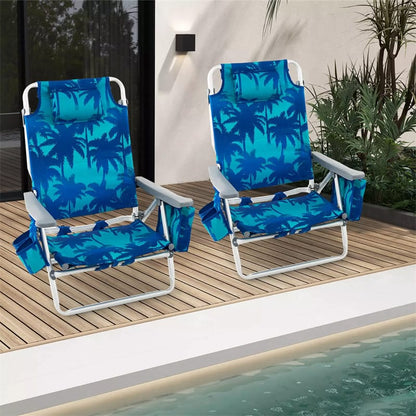 2 Pack Backpack Beach Chairs, Folding Camping Chairs 5-Position Reclining Beach Chairs with Armrests, Cooler Bag, Cup Holder, Side Pockets
