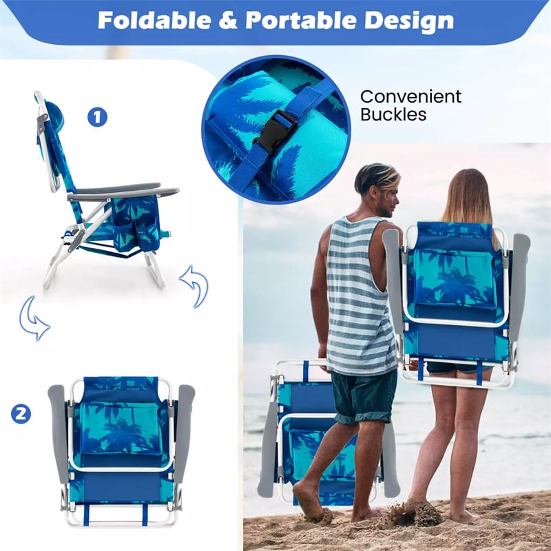 2 Pack Backpack Beach Chairs, Folding Camping Chairs 5-Position Reclining Beach Chairs with Armrests, Cooler Bag, Cup Holder, Side Pockets