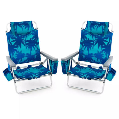 2 Pack Backpack Beach Chairs, Folding Camping Chairs 5-Position Reclining Beach Chairs with Armrests, Cooler Bag, Cup Holder, Side Pockets