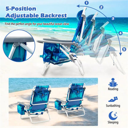 2 Pack Backpack Beach Chairs, Folding Camping Chairs 5-Position Reclining Beach Chairs with Armrests, Cooler Bag, Cup Holder, Side Pockets