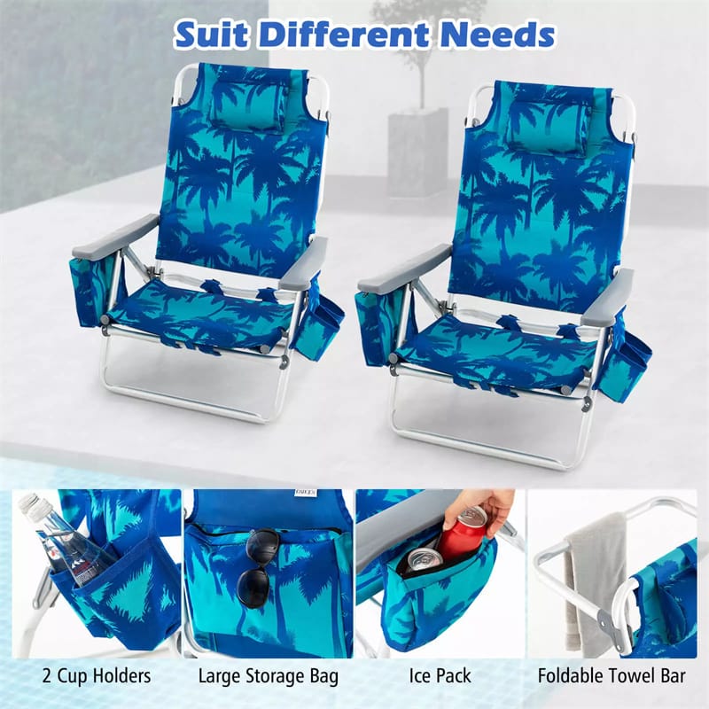2 Pack Backpack Beach Chairs, Folding Camping Chairs 5-Position Reclining Beach Chairs with Armrests, Cooler Bag, Cup Holder, Side Pockets