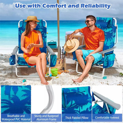 2 Pack Backpack Beach Chairs, Folding Camping Chairs 5-Position Reclining Beach Chairs with Armrests, Cooler Bag, Cup Holder, Side Pockets