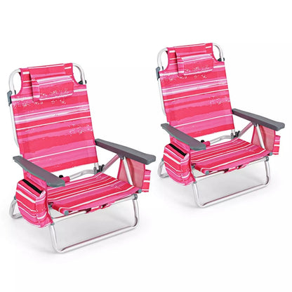 2 Pack Backpack Beach Chairs, Folding Camping Chairs 5-Position Reclining Beach Chairs with Armrests, Cooler Bag, Cup Holder, Side Pockets