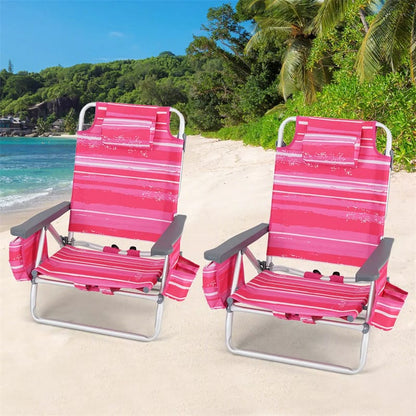 2 Pack Backpack Beach Chairs, Folding Camping Chairs 5-Position Reclining Beach Chairs with Armrests, Cooler Bag, Cup Holder, Side Pockets