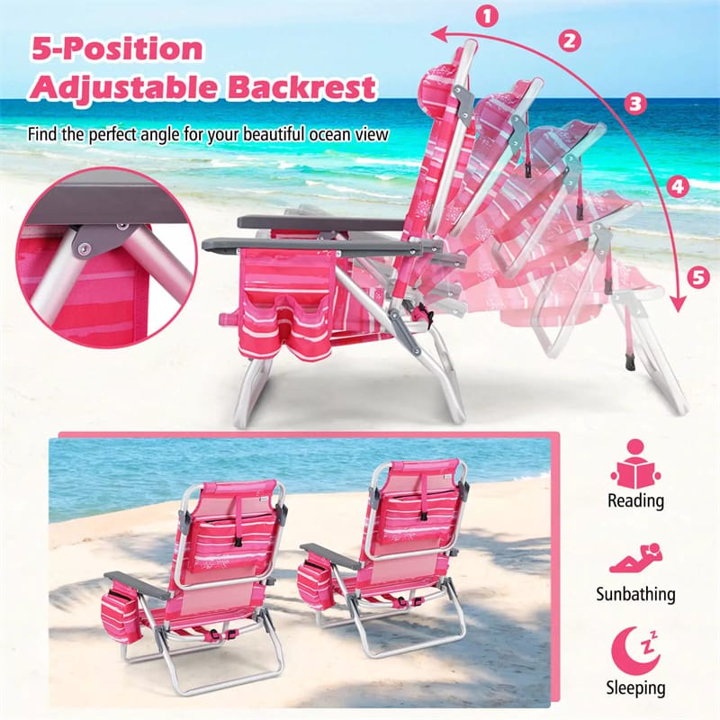 2 Pack Backpack Beach Chairs, Folding Camping Chairs 5-Position Reclining Beach Chairs with Armrests, Cooler Bag, Cup Holder, Side Pockets